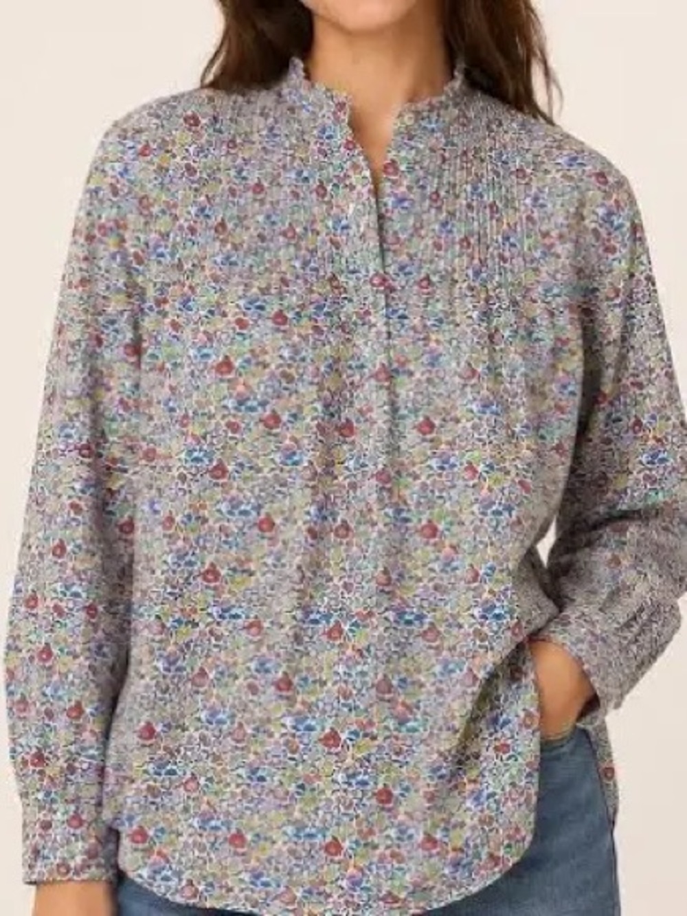 J.Crew Liberty Art Fabrics Blouse Womens 4 Blue Floral Ruffle Pintuck